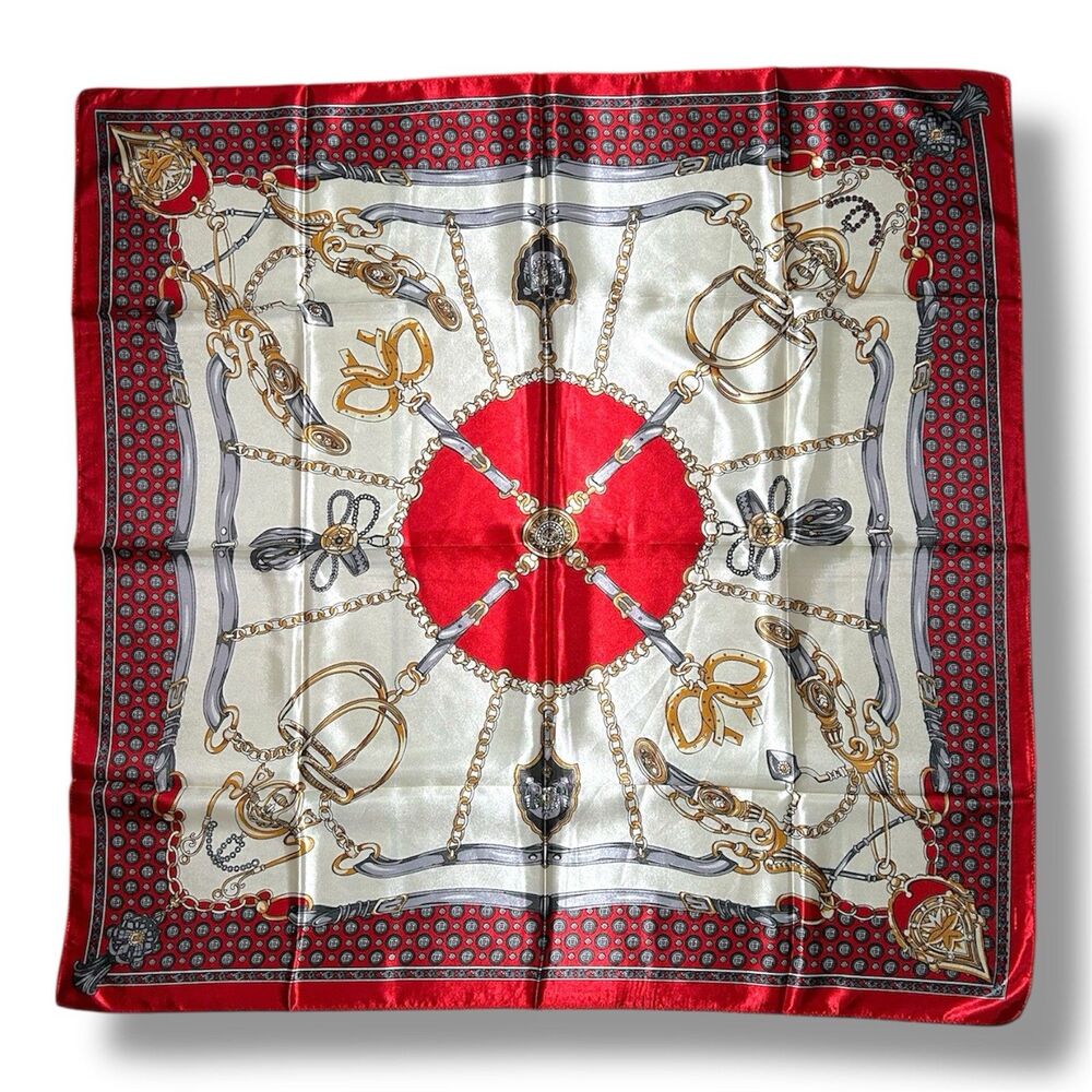 Red Scarf 35” X 35” Women Scarve Horse Chains Headscarf Elegant